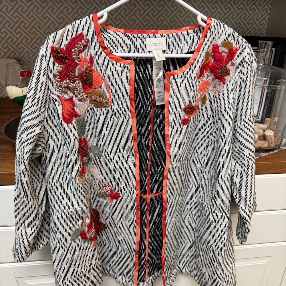 Chico's Black and White Blouse with Red Embroidery